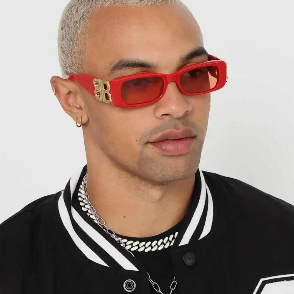 SALE! NEW Balenciaga BB0096S 003 Red Gold Logo Rectangle Men Sunglasses